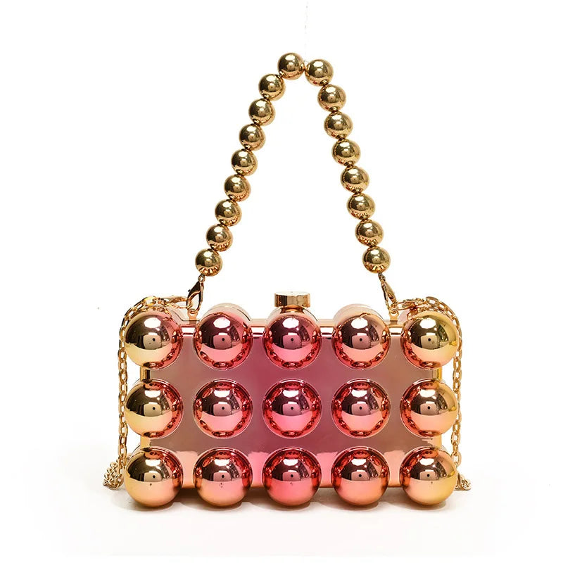 Gold Beaded Chain Banquet Purse Luxury Acrylic Cake Box Bag Women Niche Design Creative High-end Brand Elegant Shoulder Handbag