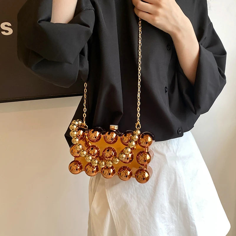 Gold Beaded Chain Banquet Purse Luxury Acrylic Cake Box Bag Women Niche Design Creative High-end Brand Elegant Shoulder Handbag