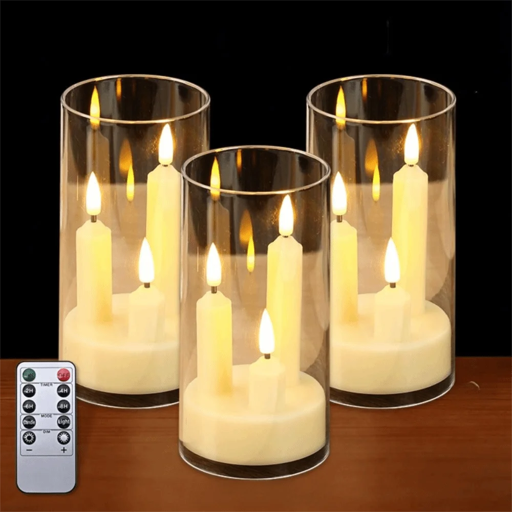 3 in 1 Design Flameless Taper Candles Transparent Lampshade Warm Light Flickering LED Candles Romantic Decorative