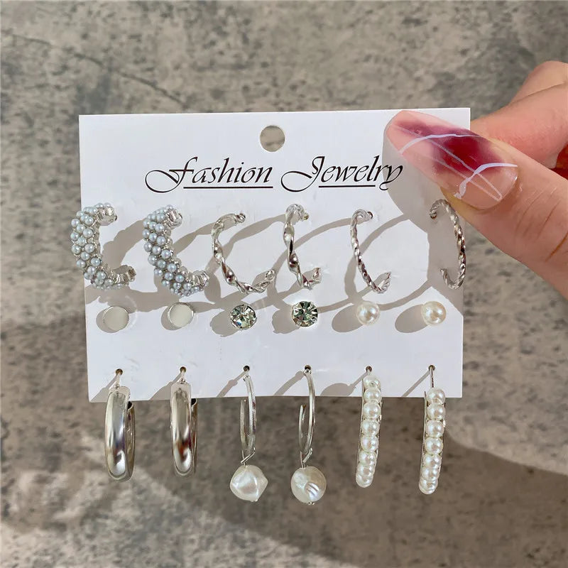 Silver Color Twist Hoop Earrings Set Brincos Heart Pearl Hoops Vintage Metal Geometric Earrings for Women 2023 Trendy Jewerly