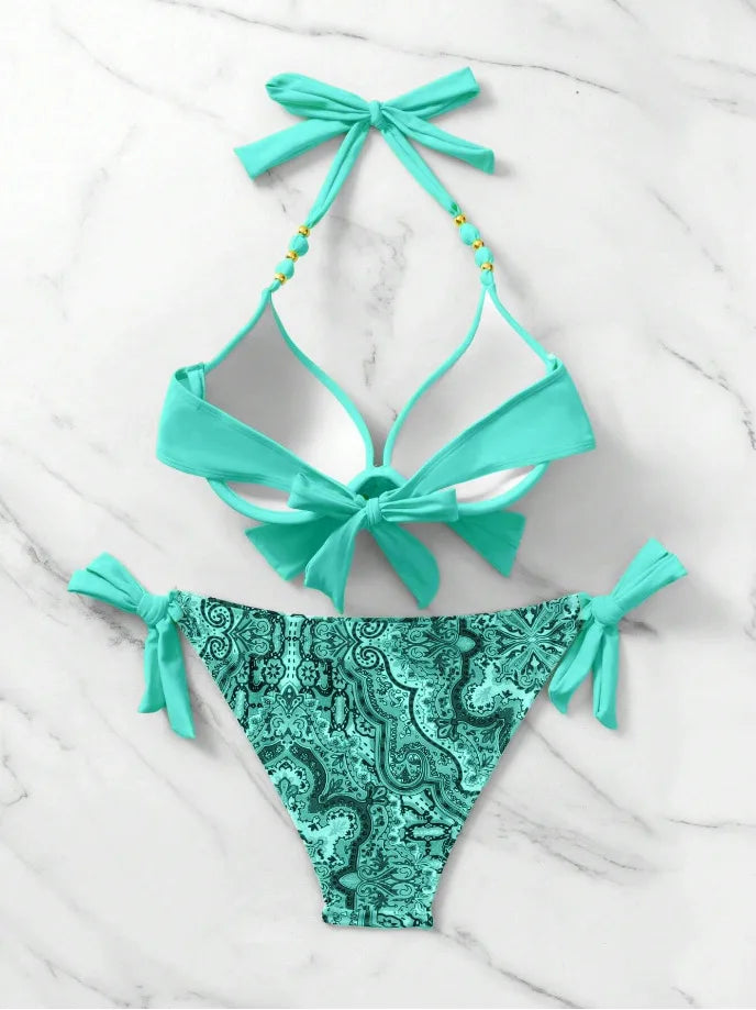 Push Up Halter Bikini Printed Swimsuit Women Sexy Strappy Swimwear Female Bathers Bathing Swimming Swim Suit Beachwear