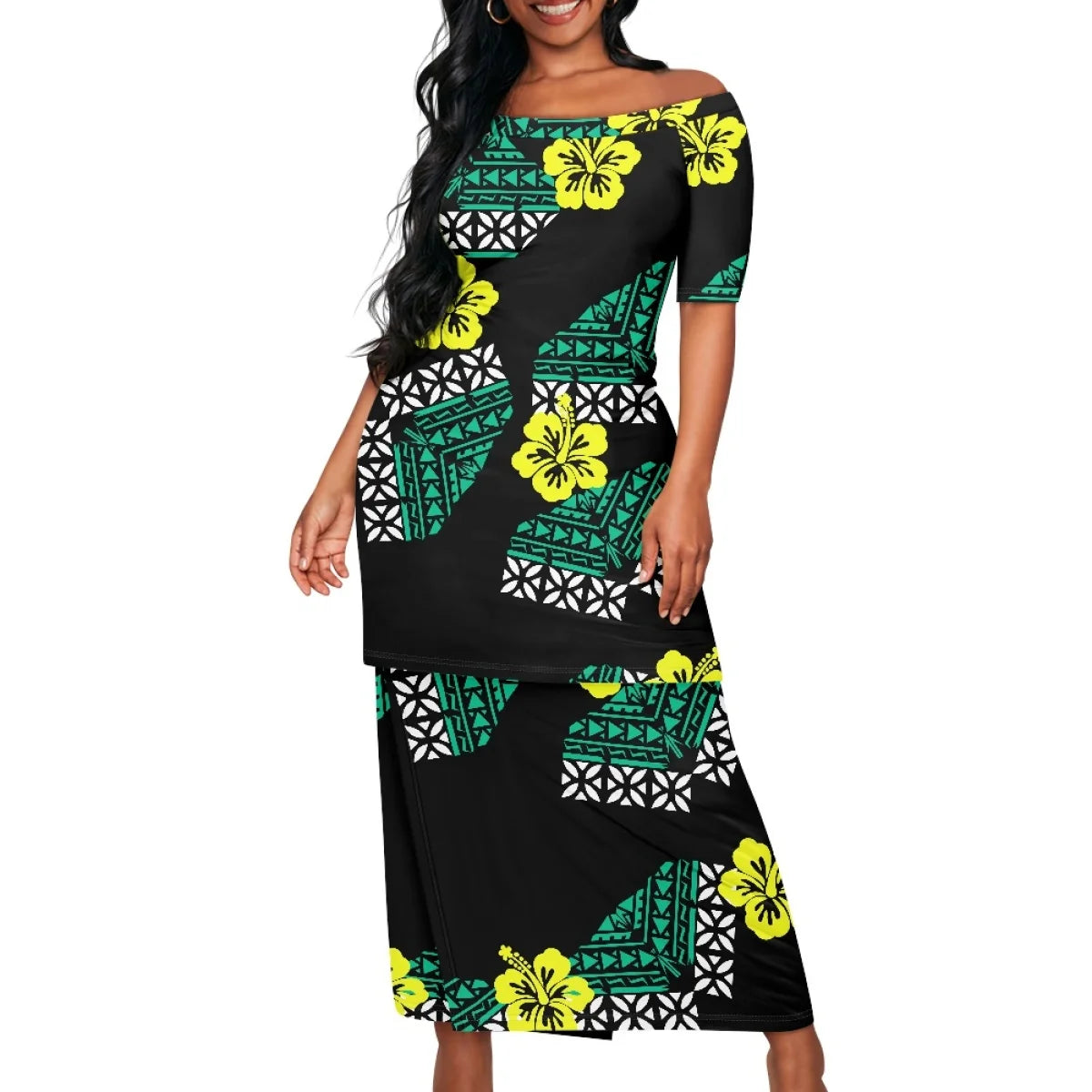 Summer Islander Women Puletasi Samoa Dresses Lady Short Sleeve Off shoulder Two Piece Set Polynesian Tribal Clothing White Print