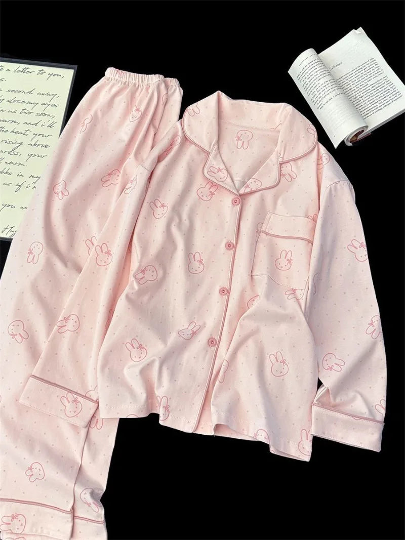 Cute Miffy Sleepwear Set for Women Soft Cotton Long Sleeve Pajamas with Adorable Rabbit Cozy Home Clothes Spring & Autumn
