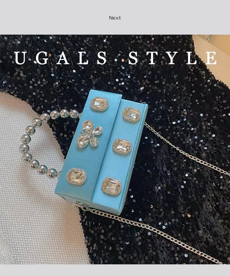 Luxury Designer Satin Square Box Crystal Shiny Diamonds Evening Bag Women's Handbag Wedding Party Clutch Purse Crossbody Bag