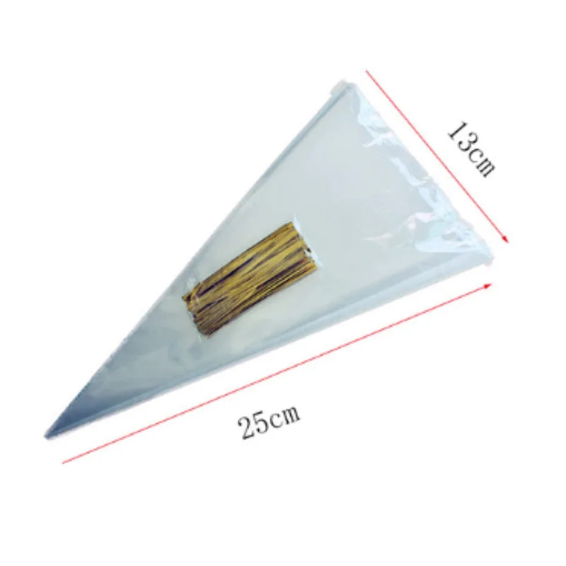 50/100pcs Candy Bags Cellophane Popcorn Bags Cone Cookies Storage Bags with Gold Twist Ties Wedding Birthday Party Favors