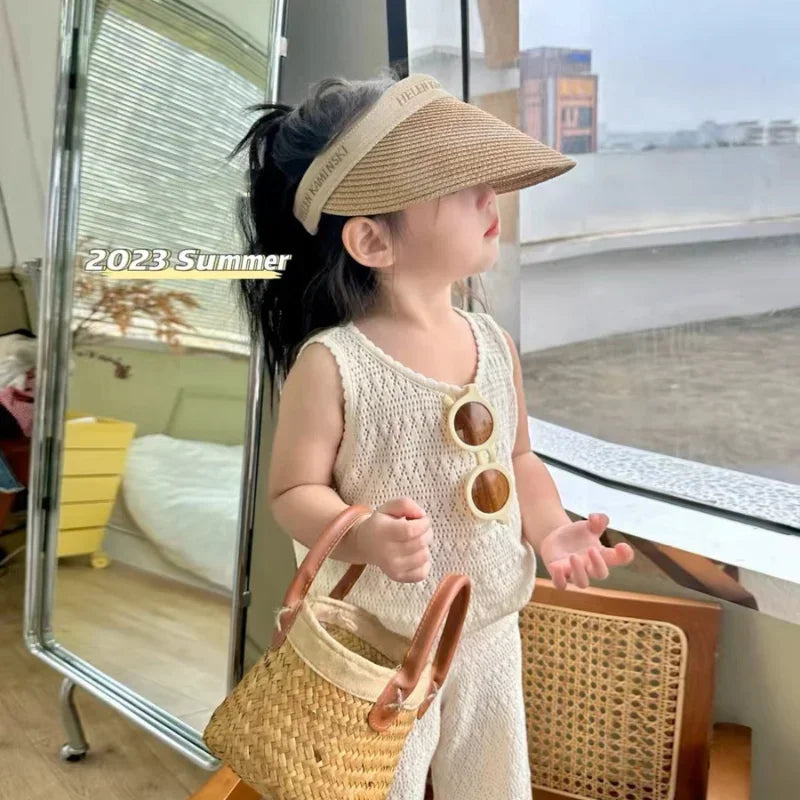 Girl's Clothing Summer Korean Thin Knitted Girl Set Children Hollow Breathable Vest + Wide Leg Pants Two-piece Suit