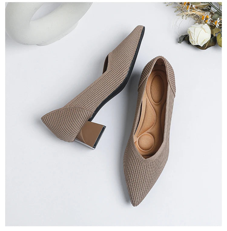 New Women's High Heels Large 42/43 Fashion Pointed Anti slip Rubber Bottom Knitted Breathable Shoes