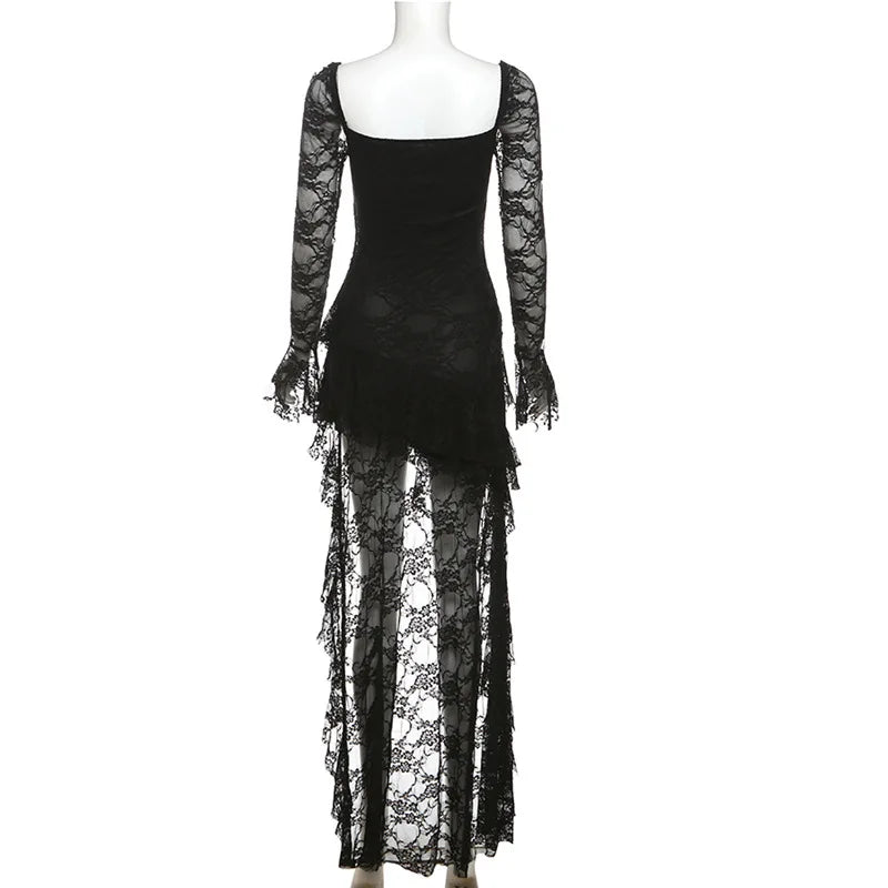 Goth Dark Fairycore Lace Flare Sleeve Square Neck A-line Dress Sweet E-girl Irregular Long Hem Dresses Cyber Y2K Party Vestido