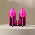 Rose red satin high heels, women's slim heels,2025new style,temperament goddess Fan Mingyuan, shallow mouth pointed single shoes
