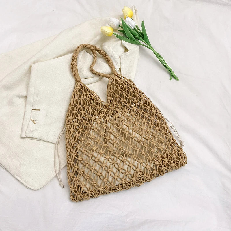 Summer Woven Bag for Women Handbags Handmade Knitted Beach Boho Shoulder Bag Large Tote Bag Hollow Out Shopping Bag