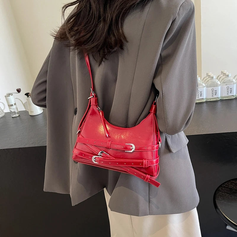 LEFTSIDE Belt Design Small PU Leather Shoulder Bags for Women 2025 Y2K Korean Fashion Crossbody Bag Lady Red Handbags and Purses
