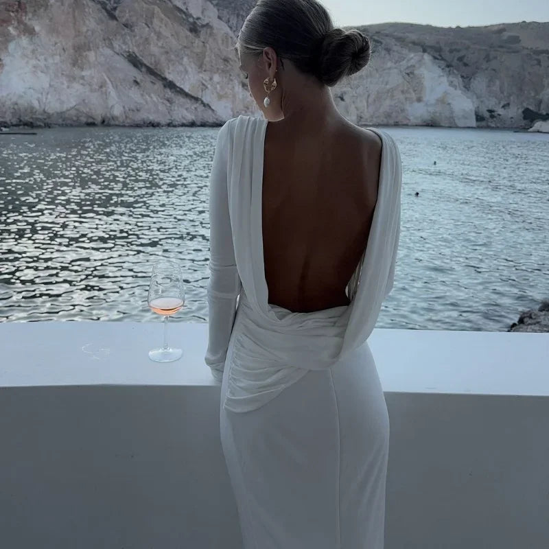 Chic Backless White Long Sleeved Slim Fit Dress for Women Pleated Elegant Round Neck Long Dresses New Female Evening Gowns