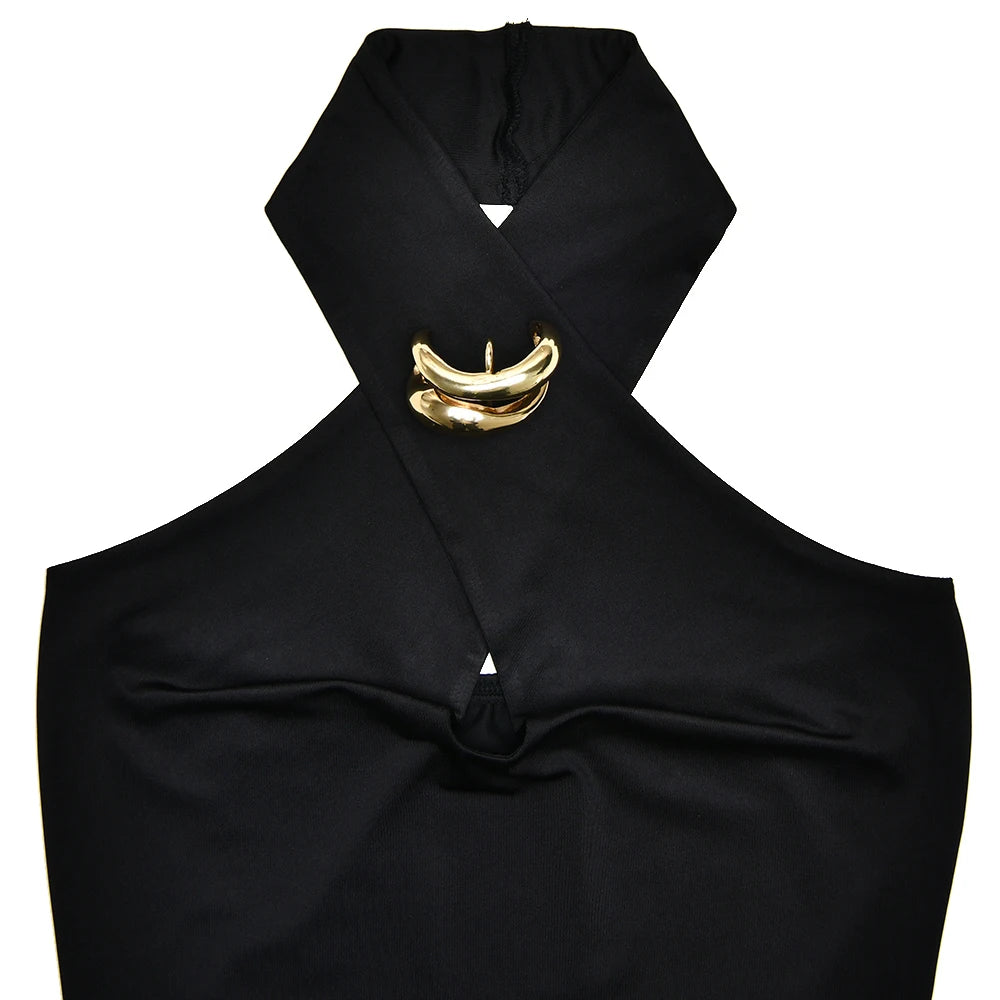 Fantoye Sexy Backless Metal Ring Halter Women Top Black Hollow Out Off Shoulder Crop Vest Female Summer Slim Elegant Streetwear