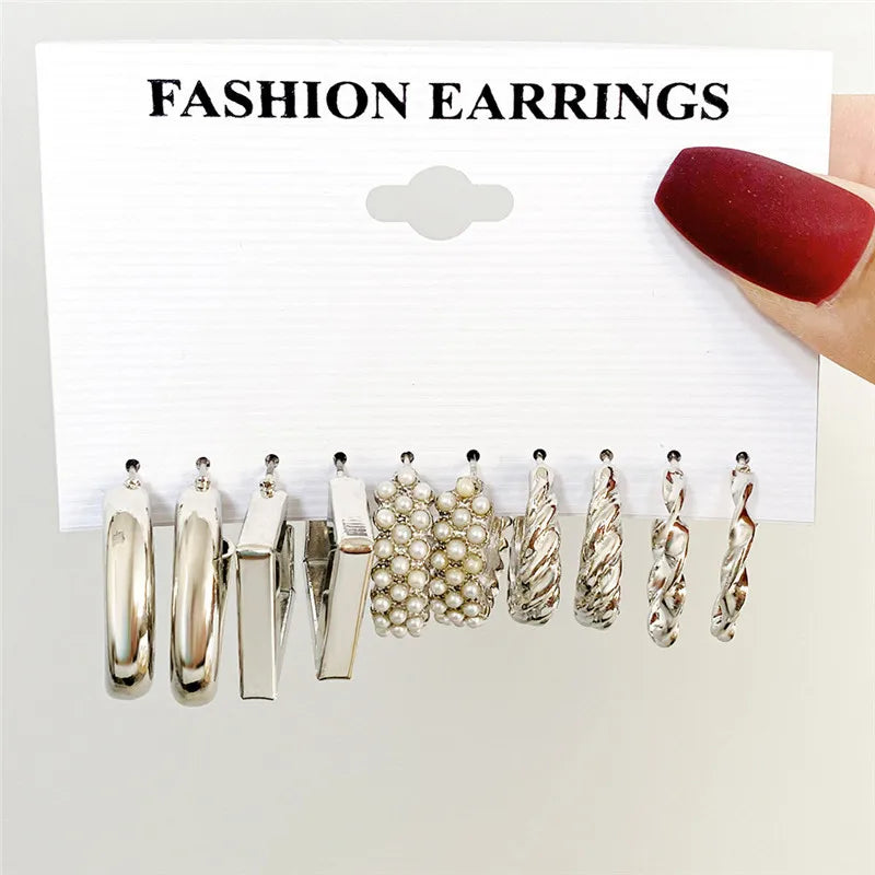 Silver Color Twist Hoop Earrings Set Brincos Heart Pearl Hoops Vintage Metal Geometric Earrings for Women 2023 Trendy Jewerly