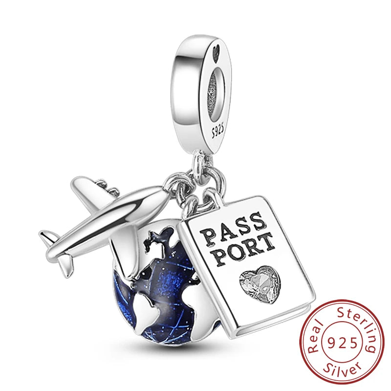 925 Sterling Silver Charms Bead Dangle Airplane Luggage Passport Travel Charms Fit Original Charms Bracelet Jewelry Gift