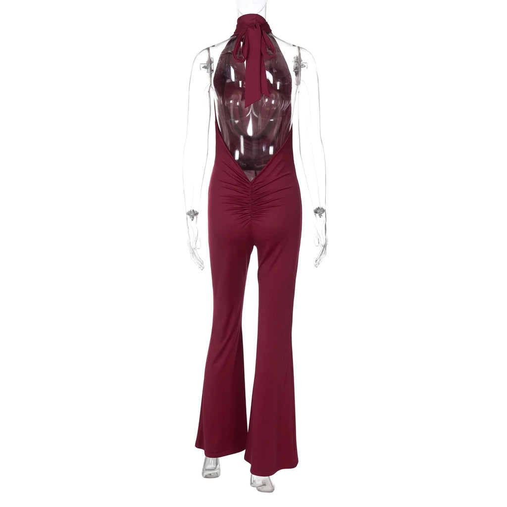 Dulzura Summer Solid Sexy Halter Swinging Collar Backless Slim Lace Up Flared Jumpsuit