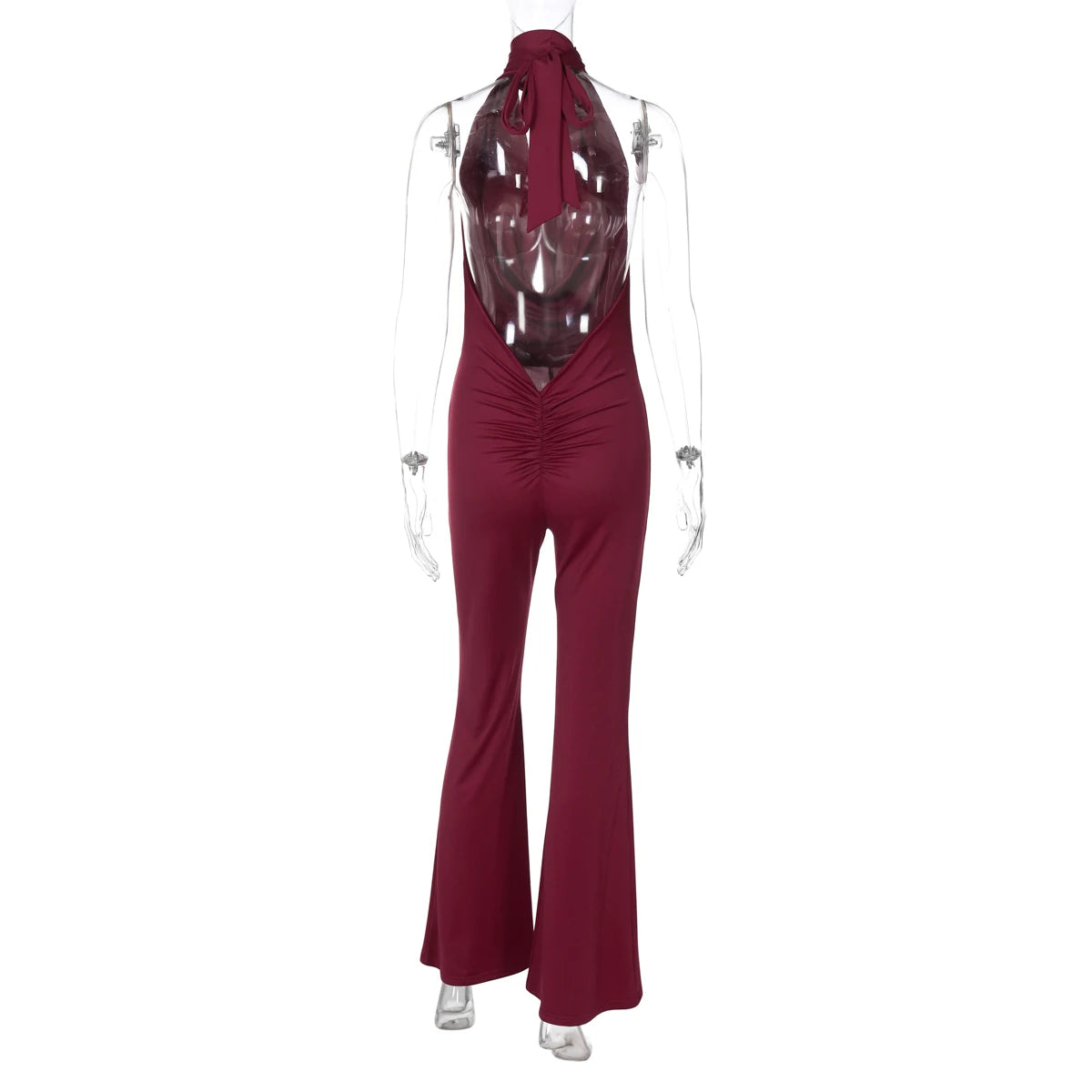 Dulzura Summer Solid Sexy Halter Swinging Collar Backless Slim Lace Up Flared Jumpsuit