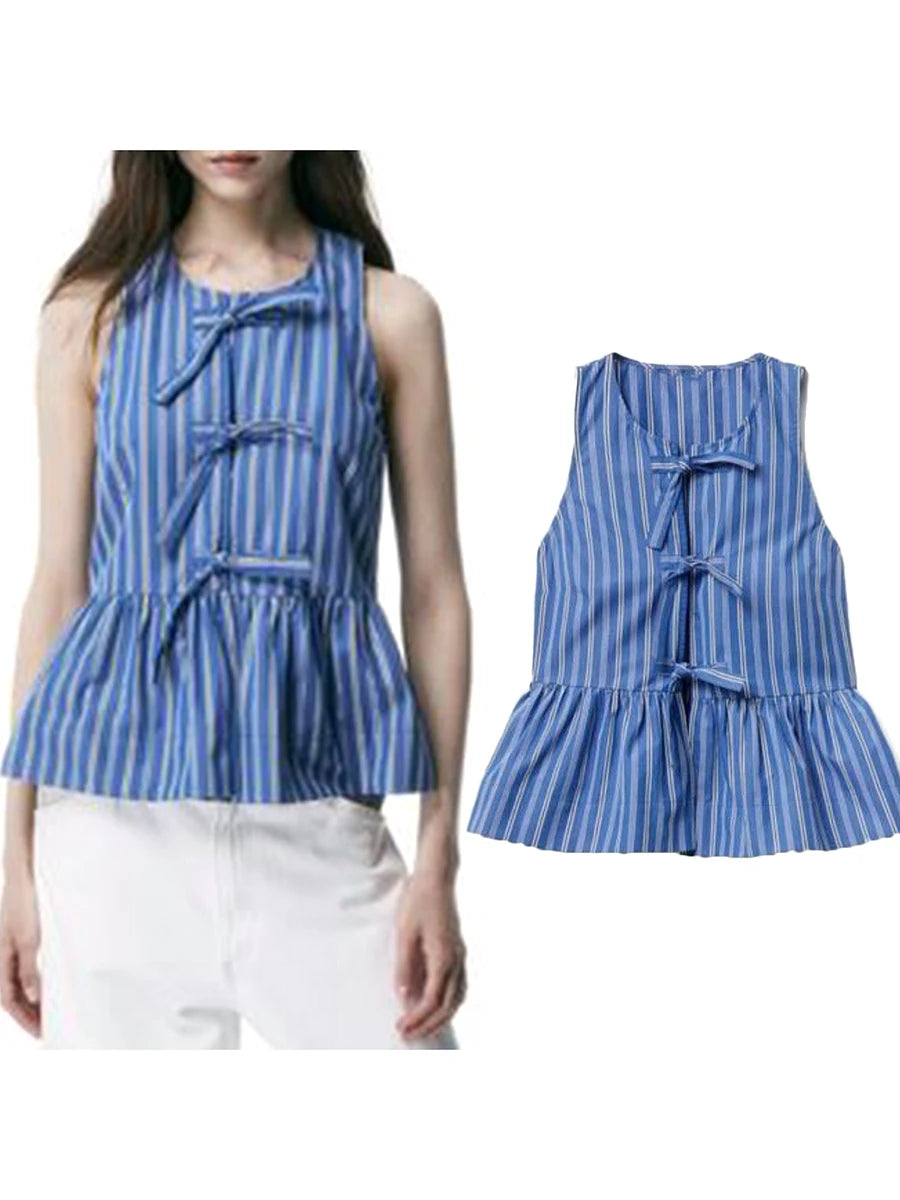 y2k Clothes Tank Top Women Elegant Striped Sleeveless Tie Up Cardigan Vest T Shirt 2000s Aesthetic Streetwear