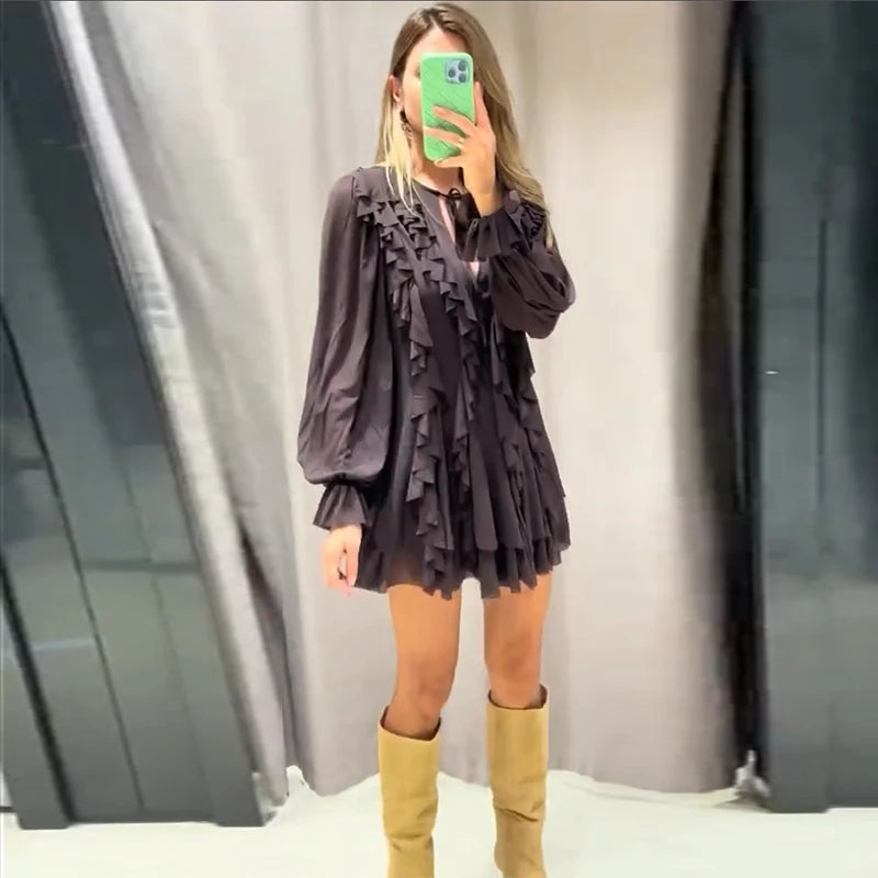 Sexy Ruffles Short Dress V-neck Long Lantern Sleeve Pleated Brown Party Dresses Female Spring Summer Lady Loose Vestidos