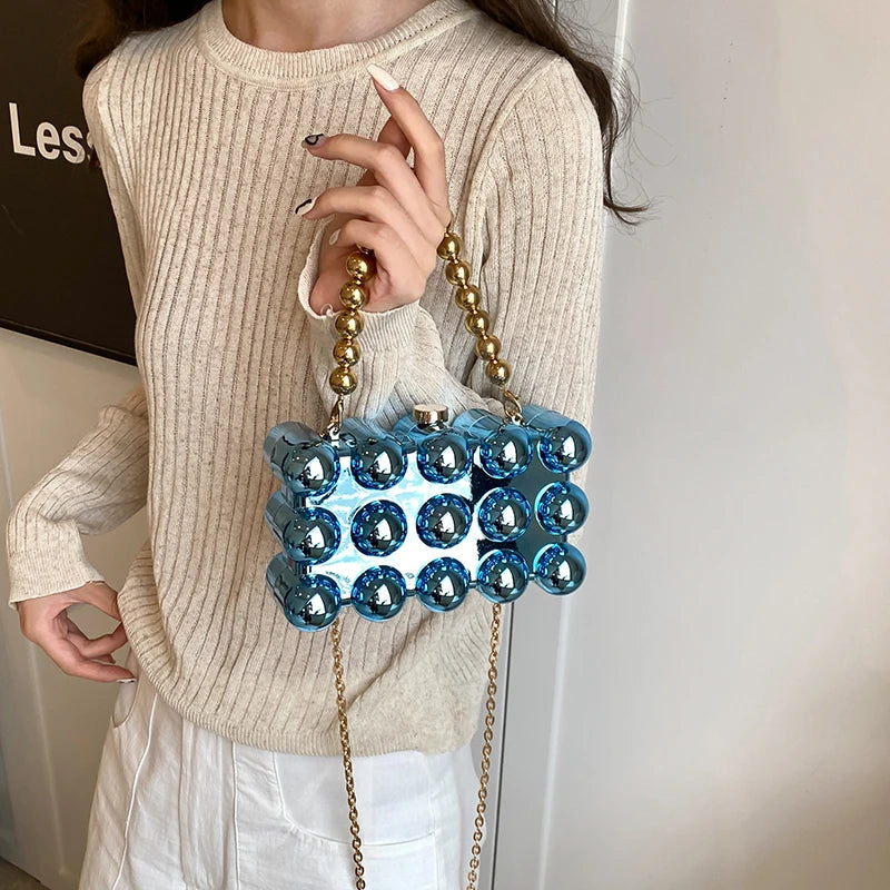 Gold Beaded Chain Banquet Purse Luxury Acrylic Cake Box Bag Women Niche Design Creative High-end Brand Elegant Shoulder Handbag