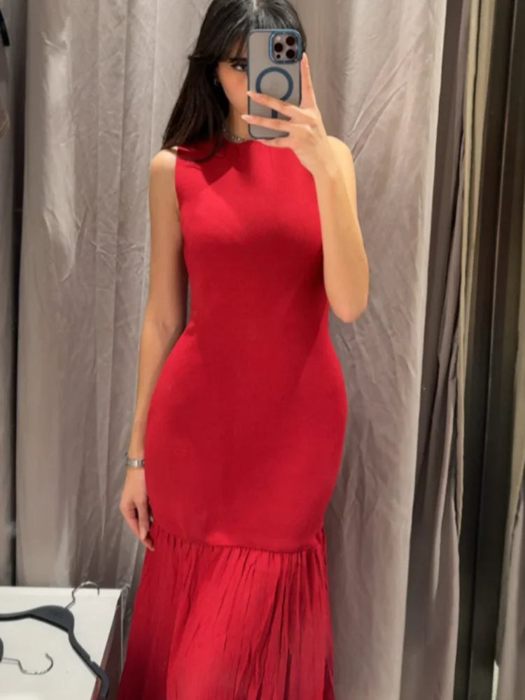 Chic Splicing Brown Half Sleeve Maxi Dress Women's Casual Pleated A-line Slim Vestidos Female Office Commute Street Robes