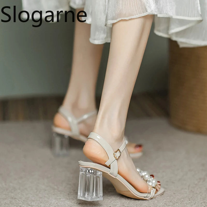 Summer Fahsion Sandals Women 2026 New Pearl High Heels Slippers Girls Crystal Heel Summer Shoes Trendy Slides Transparent Sandal