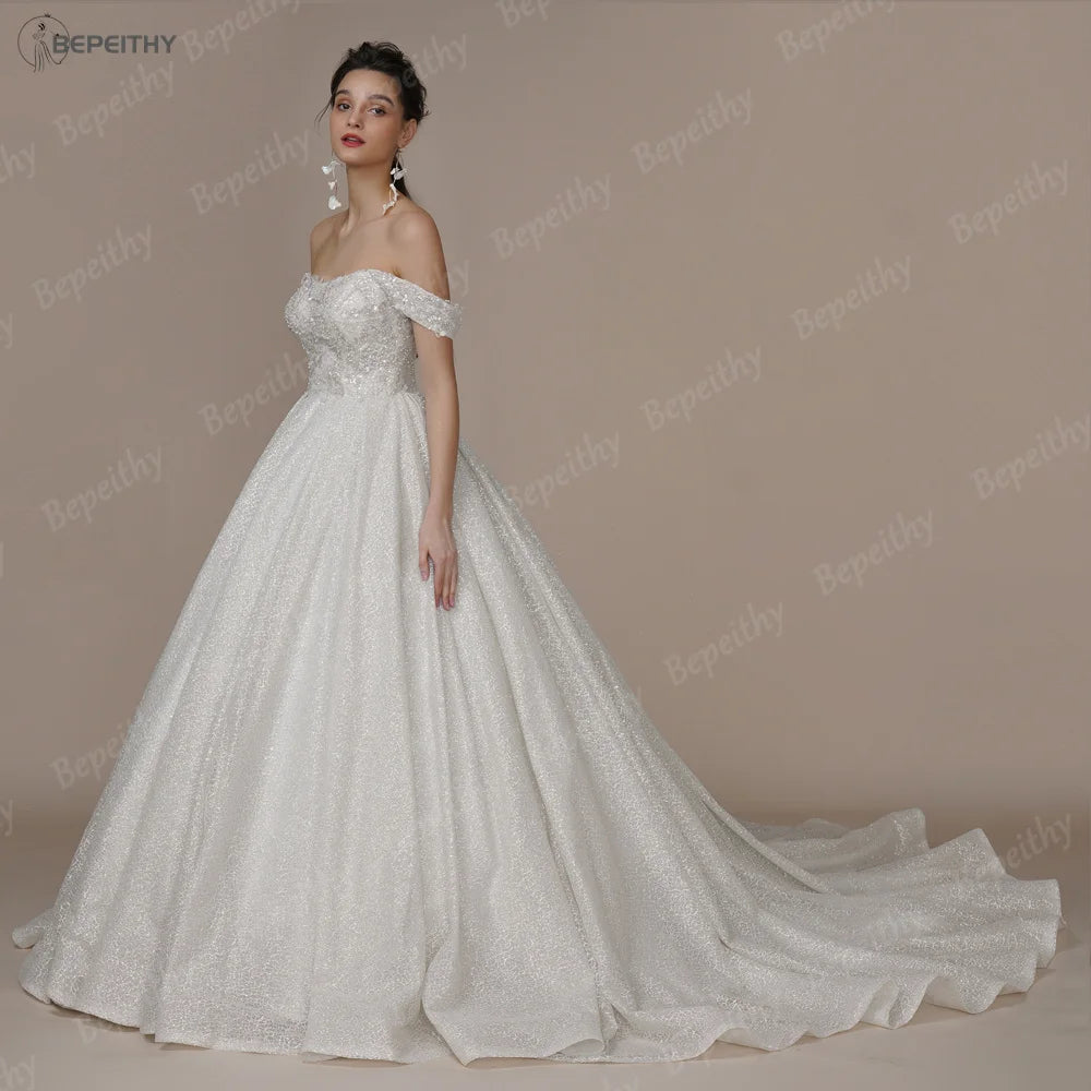 BEPEITHY Customized Luxury Strapless A Line Glitter Wedding Dresses Off The Shoulder Women Ivory Bling-Bling Bride Bridal Gown