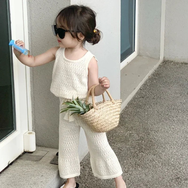 Girl's Clothing Summer Korean Thin Knitted Girl Set Children Hollow Breathable Vest + Wide Leg Pants Two-piece Suit