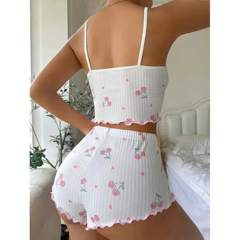 Sleepwear Women's Summer Pajama Set Heart Print Sexy Ribbed Bow Decor Round Neck Backless Crop Cami Top & Shorts Nightwear