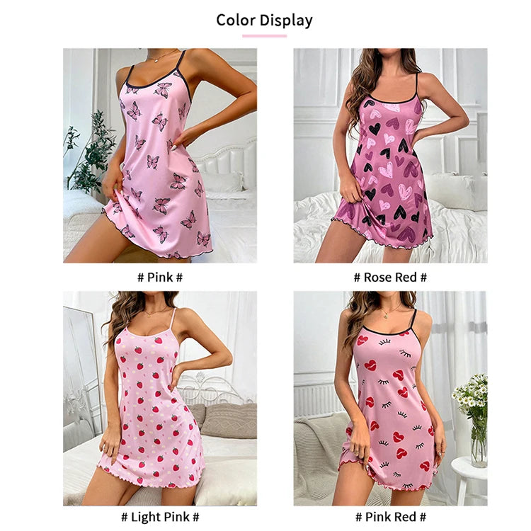 Women's Sleepwear Butterfly Print Lettuce Trim Nightdress Casual Round Neck Backless Mini Slip Dress Soft Comfortable Nightwear