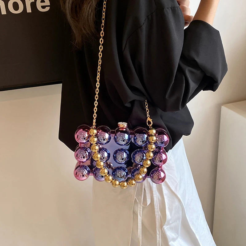 Gold Beaded Chain Banquet Purse Luxury Acrylic Cake Box Bag Women Niche Design Creative High-end Brand Elegant Shoulder Handbag