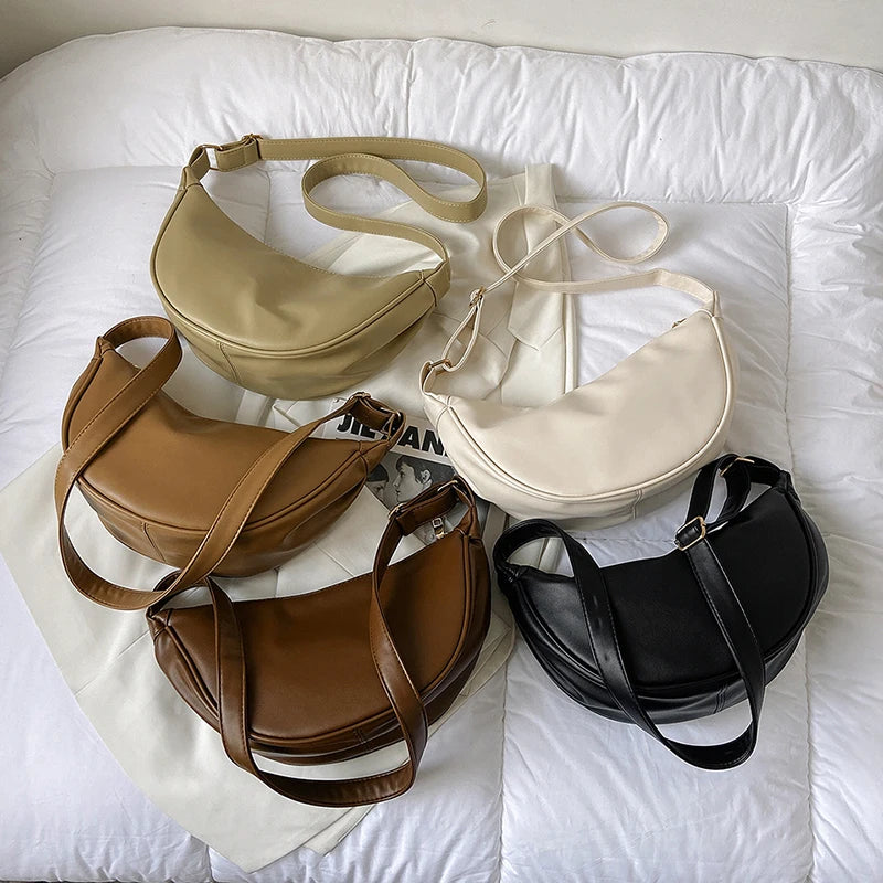 Half Moon Small PU Leather Zipper Crossbody Bags For Women Solid Color Shoulder Handbags 2025 Trends Winter Luxury Brand