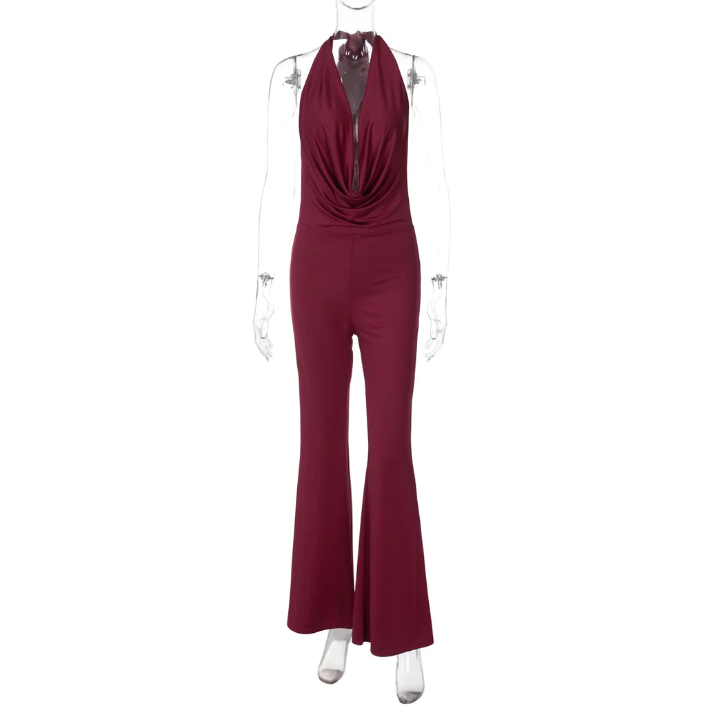 Dulzura Summer Solid Sexy Halter Swinging Collar Backless Slim Lace Up Flared Jumpsuit