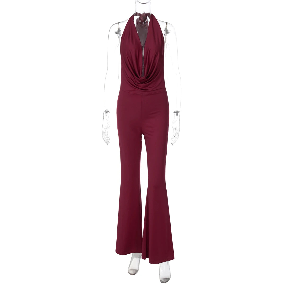 Dulzura Summer Solid Sexy Halter Swinging Collar Backless Slim Lace Up Flared Jumpsuit