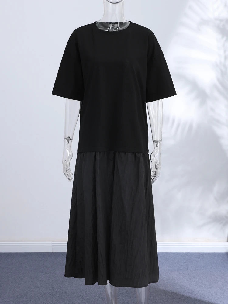 Short Sleeve Patchwork Oversized Long Dress Women Elegant O-neck Pleated Loose Party Evening Dresses Summer Casual Lady Vestidos