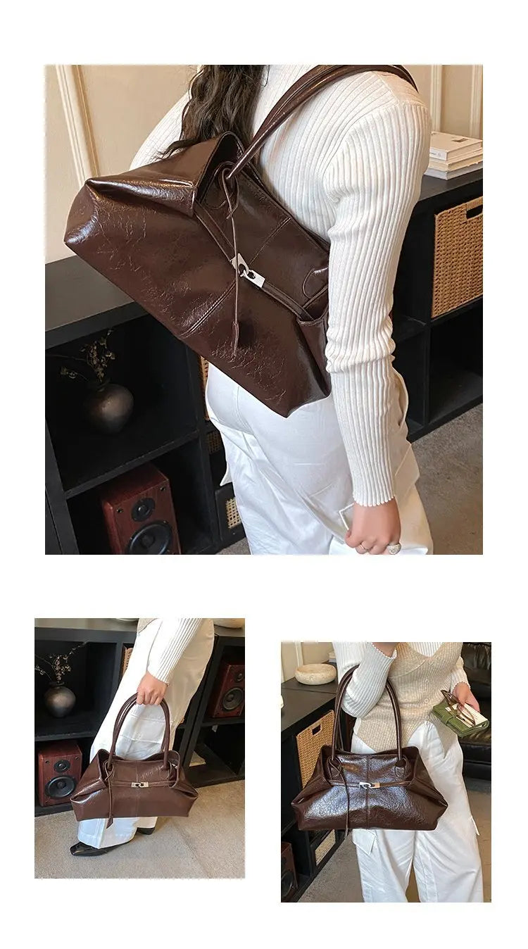 2026 New Large Capacity Soft Leather Pleated Women's Handbag Retro Commuter Tote Bag Quality Single Shoulder Slant Bag