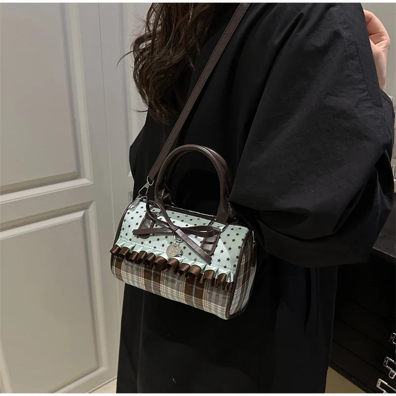 Korean Bow Pillow Bag Women Star Checkered Handbag Blue Brown Pleated Edge Shoulder Bag Cute Heart-shaped Pendant Crossbody Bag