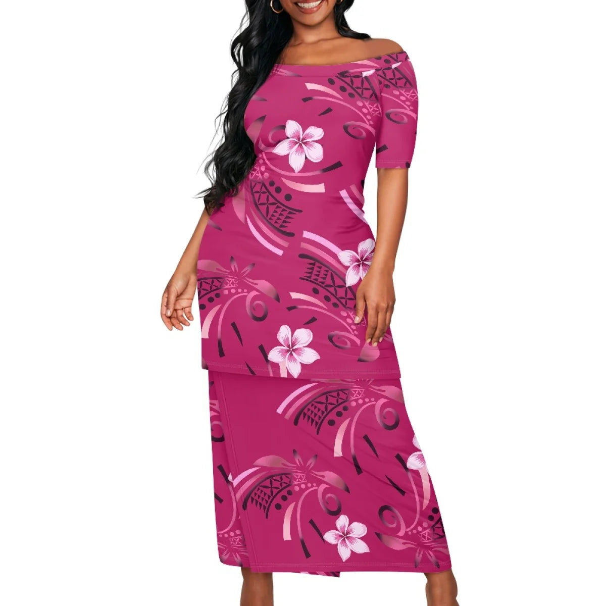 Summer Islander Women Puletasi Samoa Dresses Lady Short Sleeve Off shoulder Two Piece Set Polynesian Tribal Clothing White Print