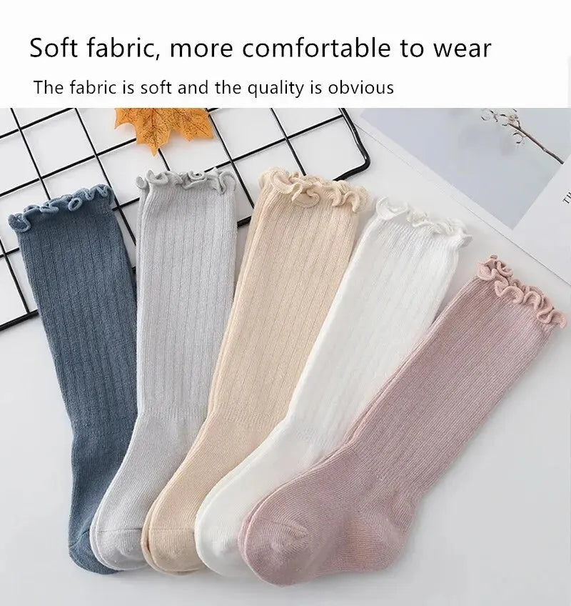 3Pairs/Lot Baby Girls Socks Lace Frilly Solid Cotton Long Knee High Kids Sock Infant Newborn Spring Children Ruffle Cute Socken