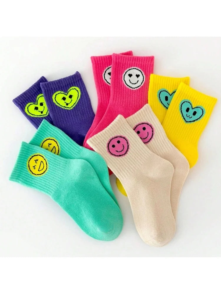 5 Pairs of New Four-Season Children's Socks with Smiley Face Expressions for Boys and Girls, Mid-Calf and High-Calf Socks