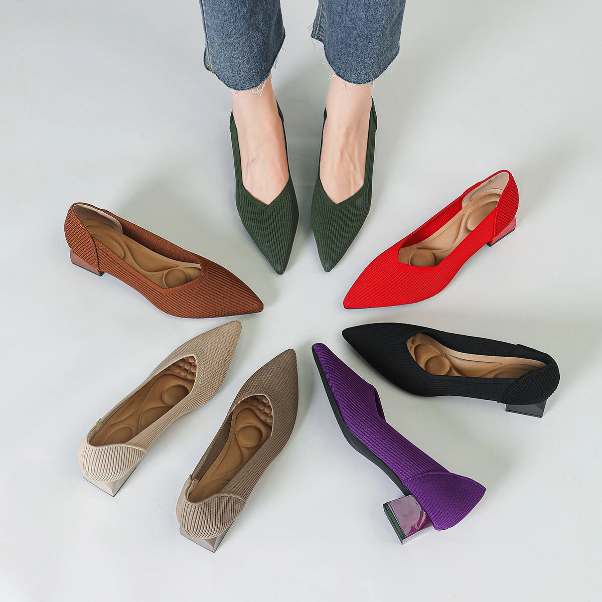 New Women's High Heels Large 42/43 Fashion Pointed Anti slip Rubber Bottom Knitted Breathable Shoes