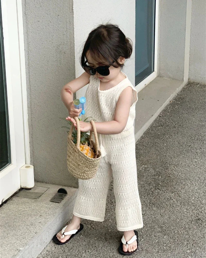 Girl's Clothing Summer Korean Thin Knitted Girl Set Children Hollow Breathable Vest + Wide Leg Pants Two-piece Suit