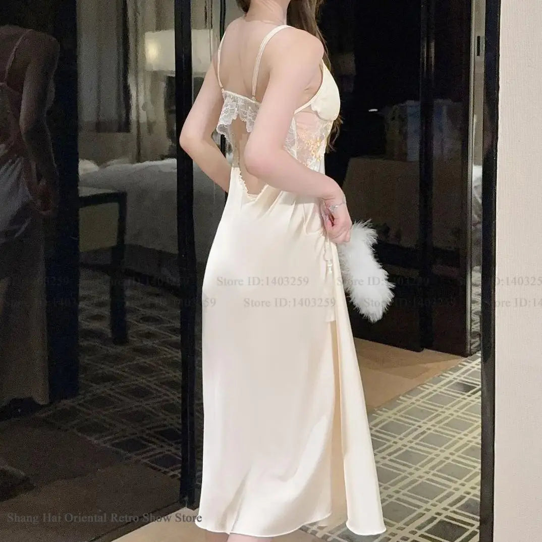 Patchwork Lace Female Long Twinset Robe Set Sexy Lingerie Nightgown Home Dress Elegant Ice Silk Kimono Gown Bathrobe Sleepwear