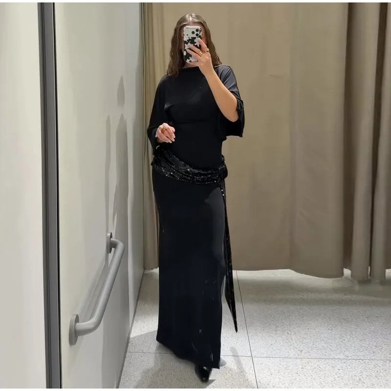 Sequined Patchwork Evening Dress Women Sexy Backless Half Sleeve Slim Hip Package Long Dresses Fashion Elegant Party Robes Lady