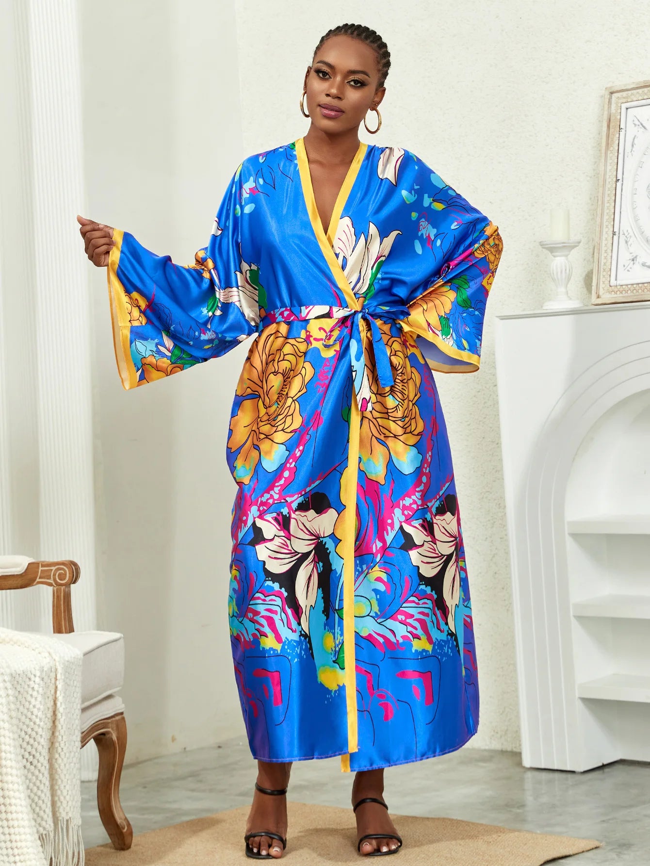 Long Kimono Bath Robe Gown Wide Sleeve Print Flower Robe Women Satin Nightgown New Silk Satin Nightdress V-Neck Lounge Sleepwear
