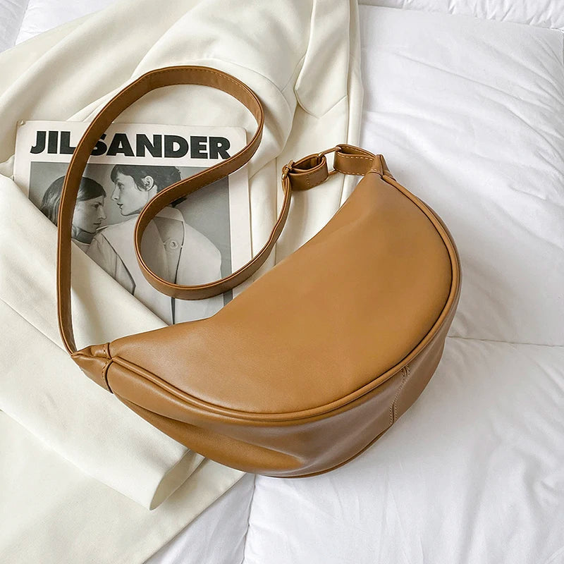 Half Moon Small PU Leather Zipper Crossbody Bags For Women Solid Color Shoulder Handbags 2025 Trends Winter Luxury Brand