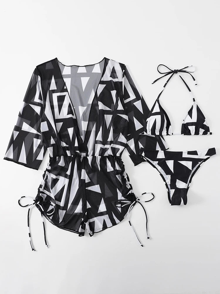 New 3 Piece Bikini Set Plus Size Swimsuit Women Long Sleeve Cover Up Print Halter Swimwear Beach Wear Sexy Bathing Suit 3XL