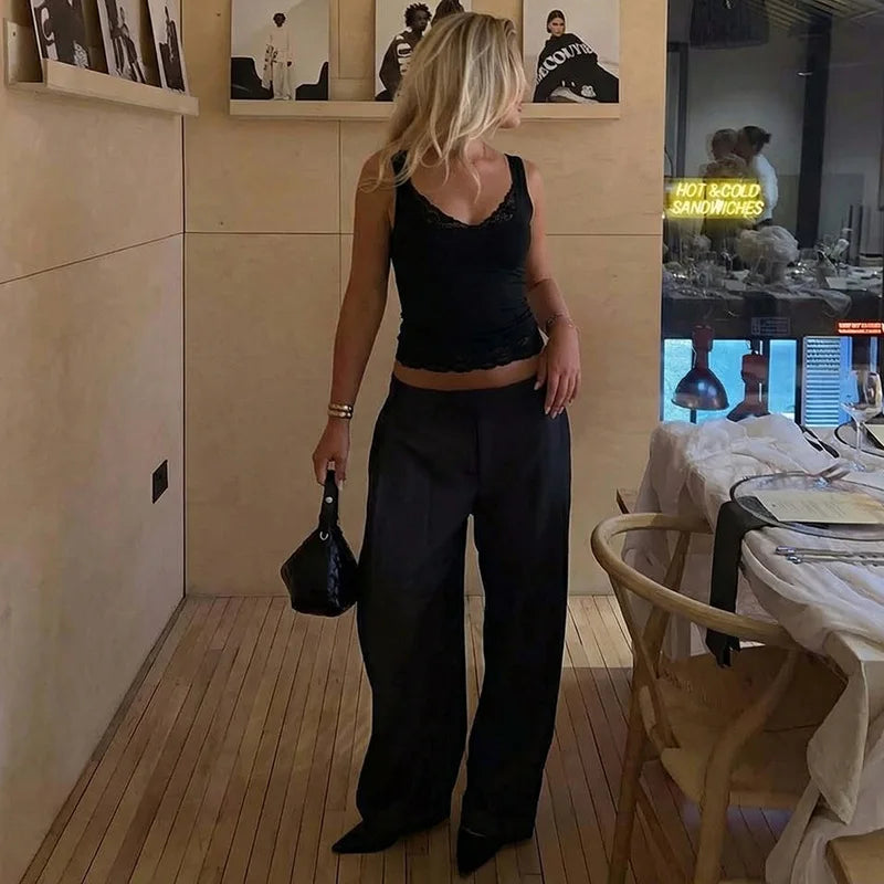 Tossy Black Lace Tank Top For Women V-Neck Backless Streetwear Spaghetti Patchwork Cropped Y2k Top Female Sexy Lace Vest 2026