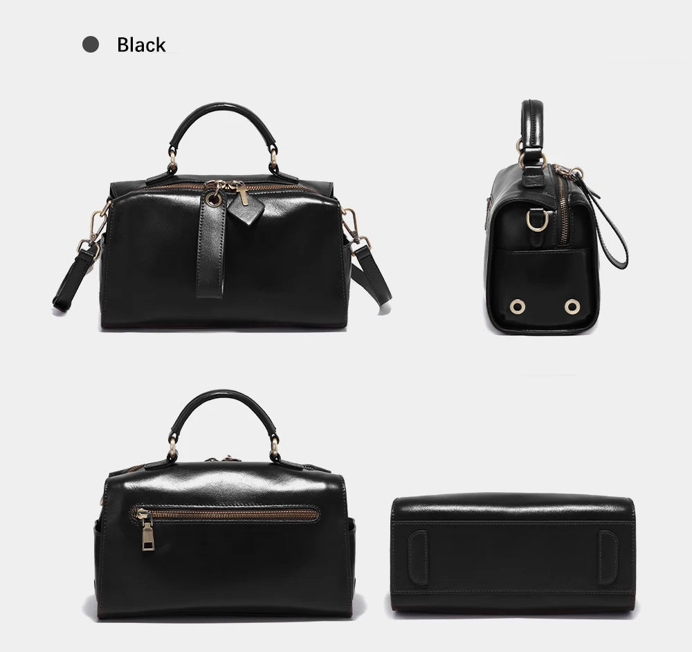 Zency Oil Wax Leather Vintage Green Handbag Women Shoulder Bag Satchel Black Wave Pattern Wide Strap Classic Boston Bag Purse