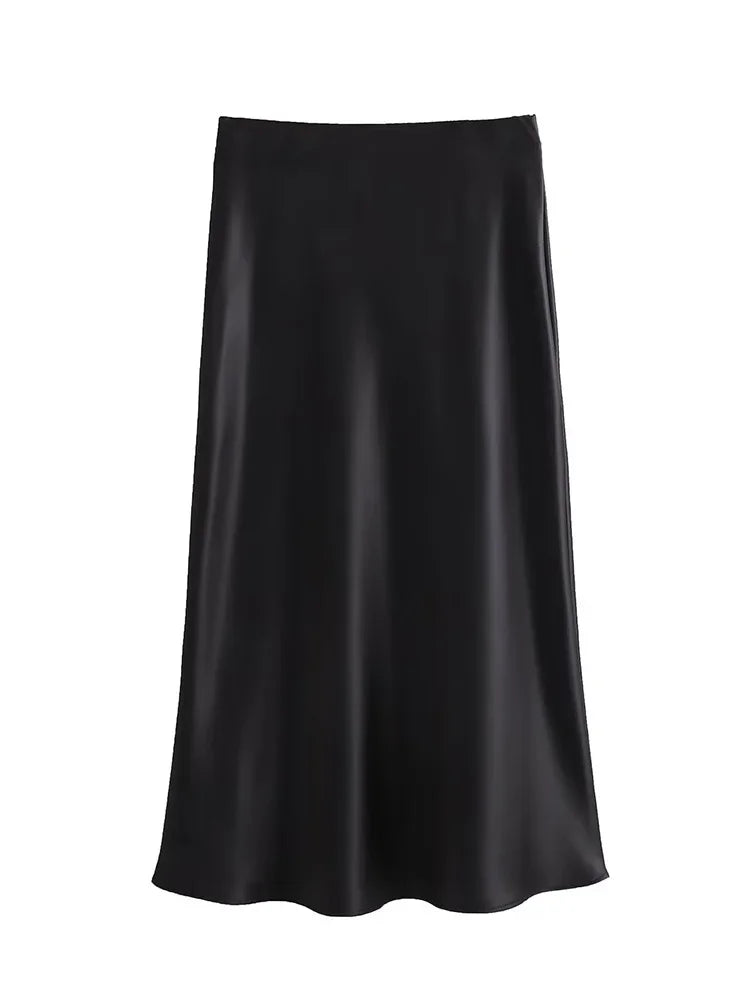 Willshela Black Satin Skirt Woman High Waist Elegant Long Skirts For Women Fashion Summer Midi Skirt Office Women's Skirts
